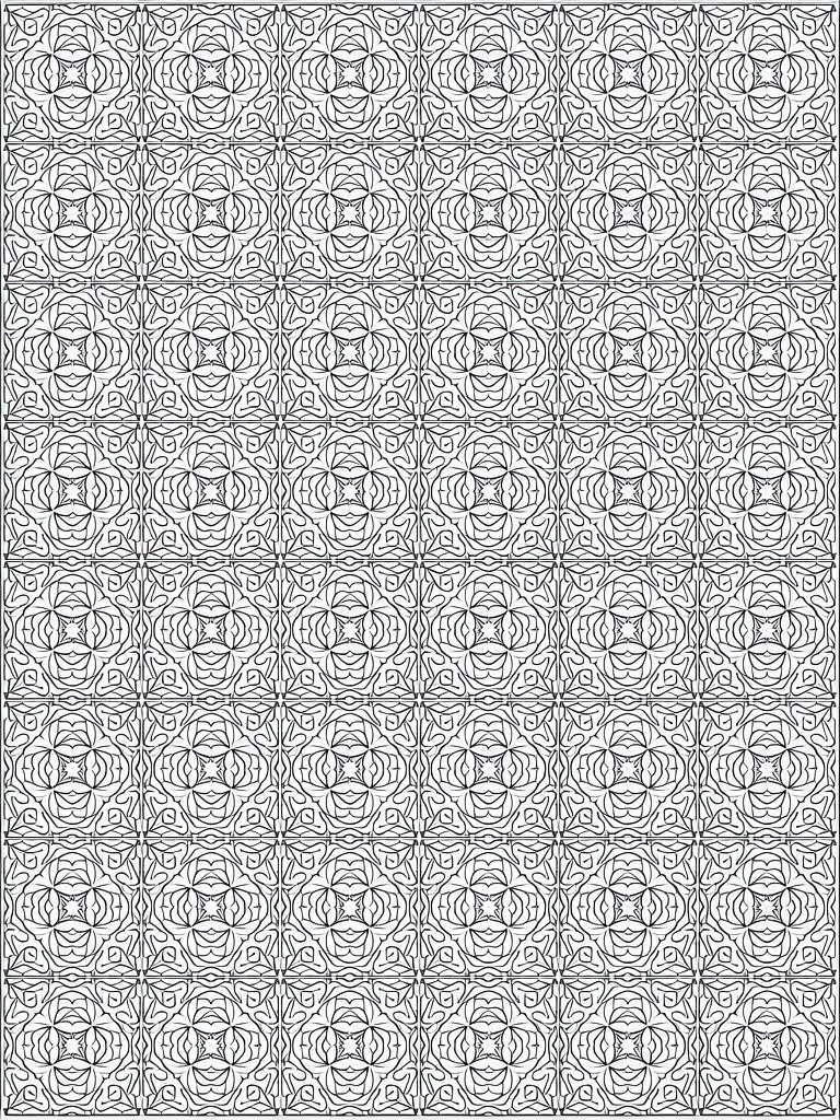 A square grid of 36 identical black-line rosette floral patterns on white background.