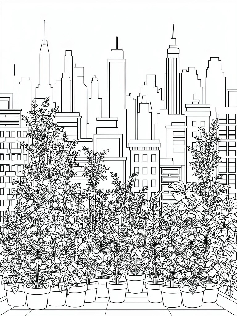 Line drawing of potted plants and bushes on a rooftop in front of a New York City skyline with tall buildings.