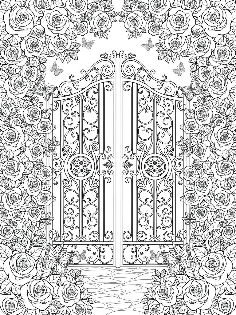 Black line art coloring page of ornate double gates covered in roses and butterflies with a path leading through.