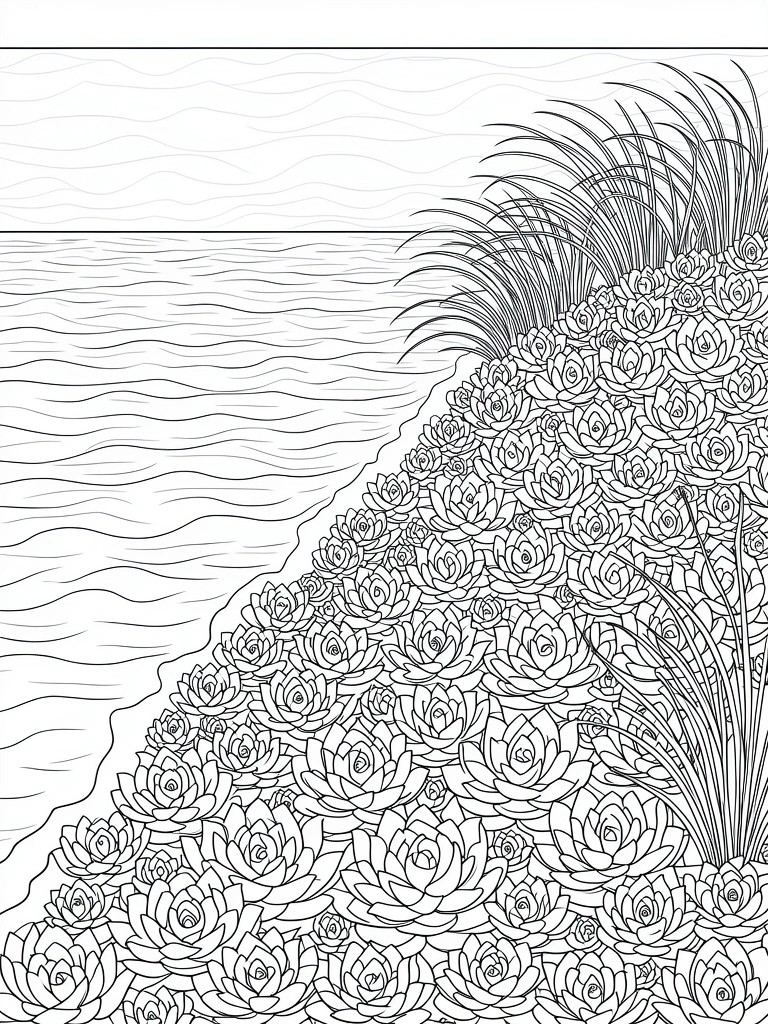 Line drawing of ocean waves on the left with a sloping bank of succulents and grasses on the right.