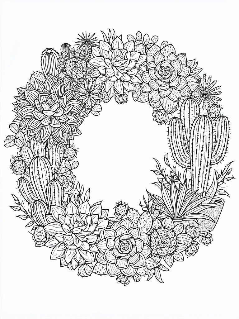 Line art coloring page of a circular wreath made from detailed succulents, cacti, and desert plants.