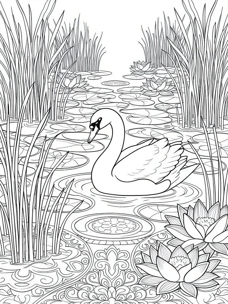 Line art of a swan with sunglasses floating in a pond surrounded by reeds, lotus flowers, and ornate water patterns.