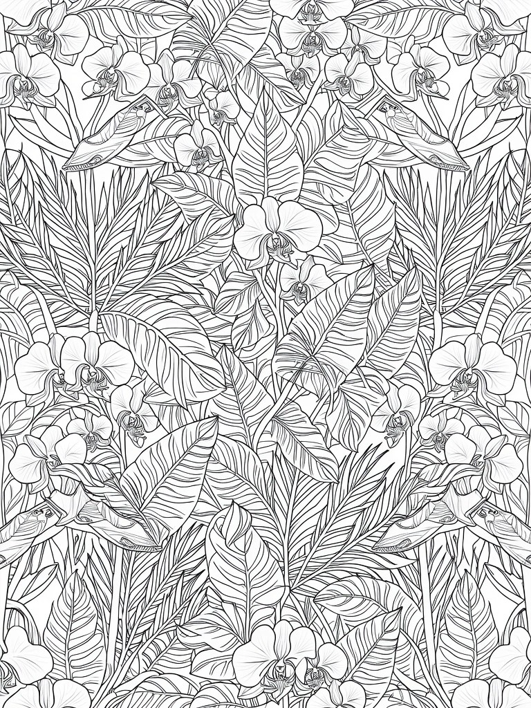 Black line drawing of overlapping orchids, tropical leaves, and birds forming a dense pattern.