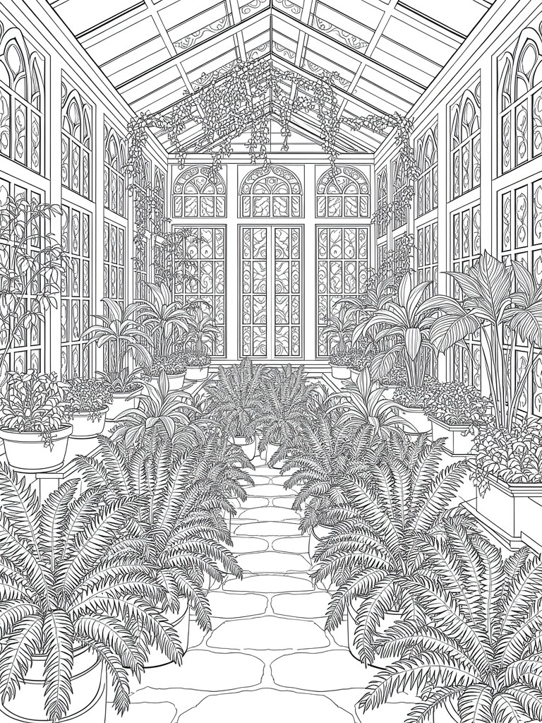 Line drawing of an ornate glass conservatory interior with ferns, palms, and a central path.