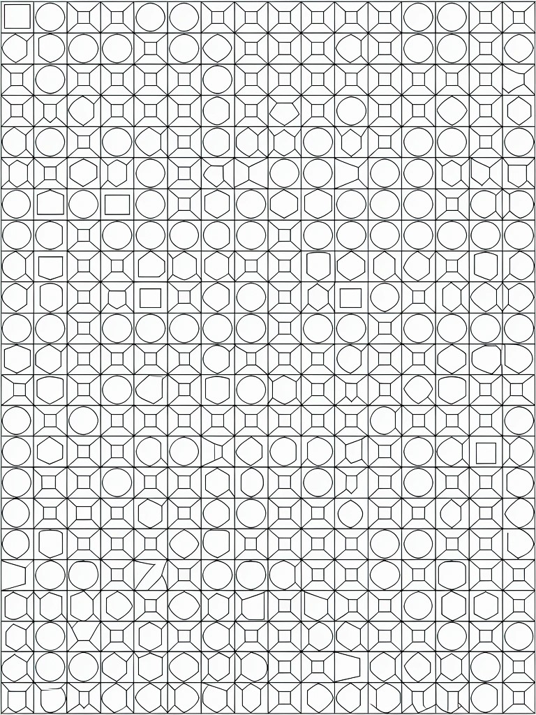 A printable coloring page covered edge-to-edge in outlined geometric shapes like diamonds, triangles, squares, and hexagons forming a tessellation.