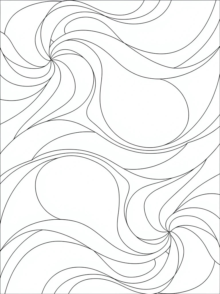 Black and white line art of abstract swirling waves and organic curves filling the page.