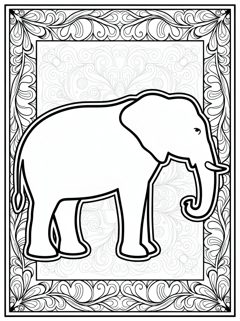 Line art coloring page featuring a central elephant outline inside a detailed floral and swirling border frame.