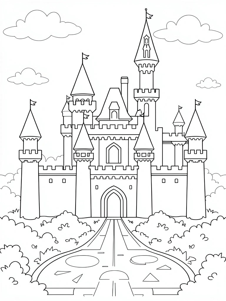 Line drawing of a tall fairy tale castle with multiple towers, flags, arched entrance, pathway, bushes, and clouds.