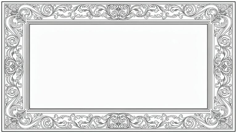 25 Blank Coloring Pages for Total Creative Freedom Line art of a rectangular ornate frame with intricate swirling baroque patterns bordering empty white space.