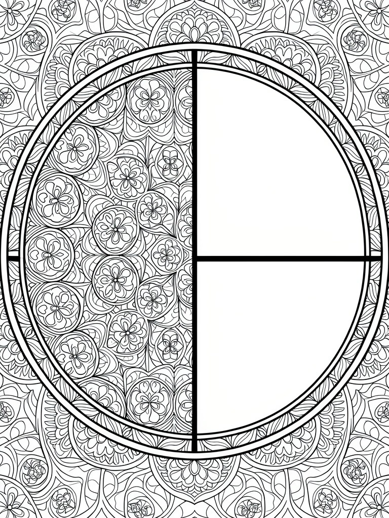 Black line art of a circle split vertically, with intricate floral mandala patterns filling the left half and empty space on the right half.