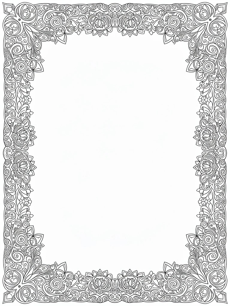 Black line art coloring page featuring a rectangular ornamental border of intricate swirling vines, flowers, and leaves around a blank center space.