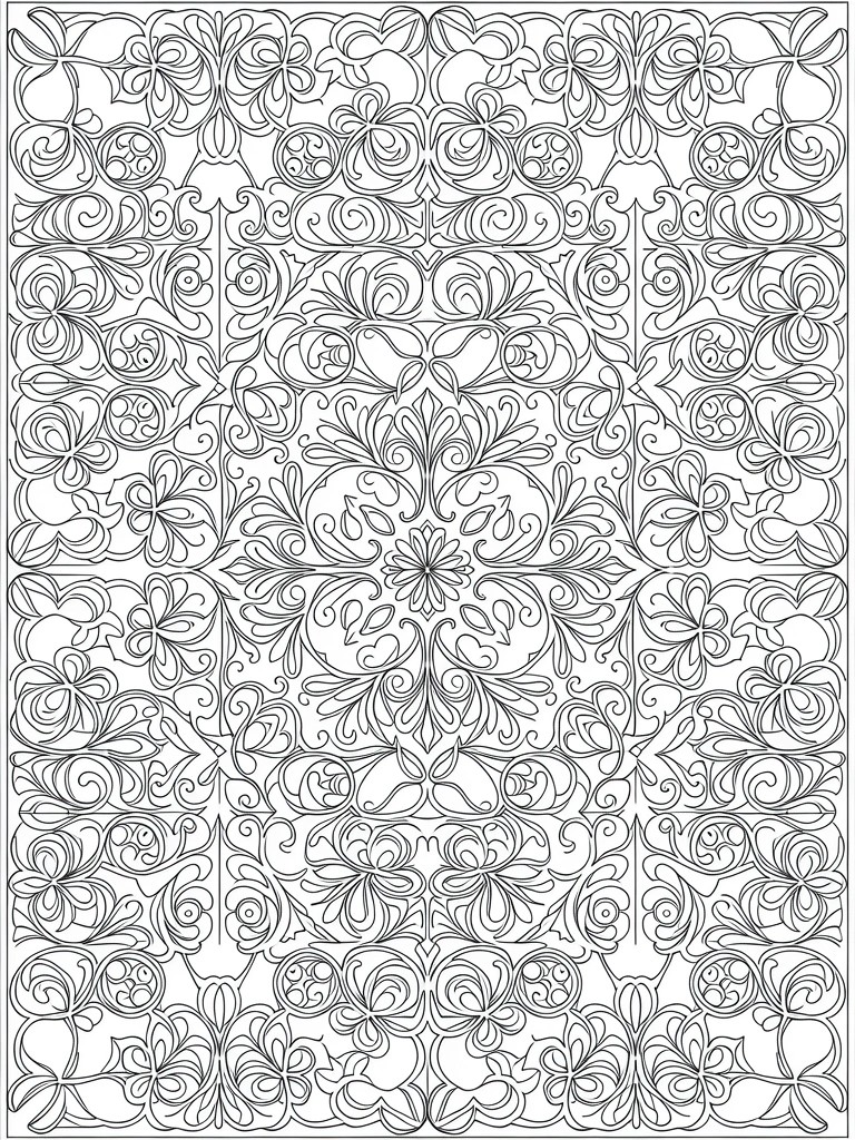 Black and white line art of a symmetrical square floral mandala with swirling vines, leaves, flowers, and ornate borders.
