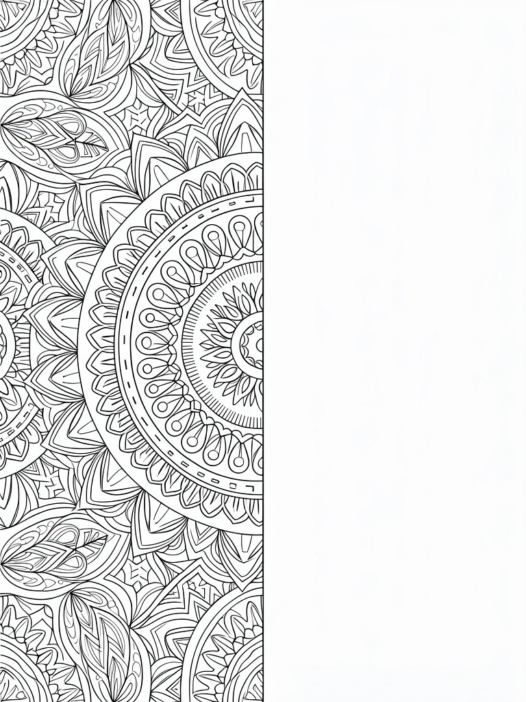 Vertical black line art coloring page featuring intricate mandala patterns with floral and geometric elements on the left half and empty white space on the right.