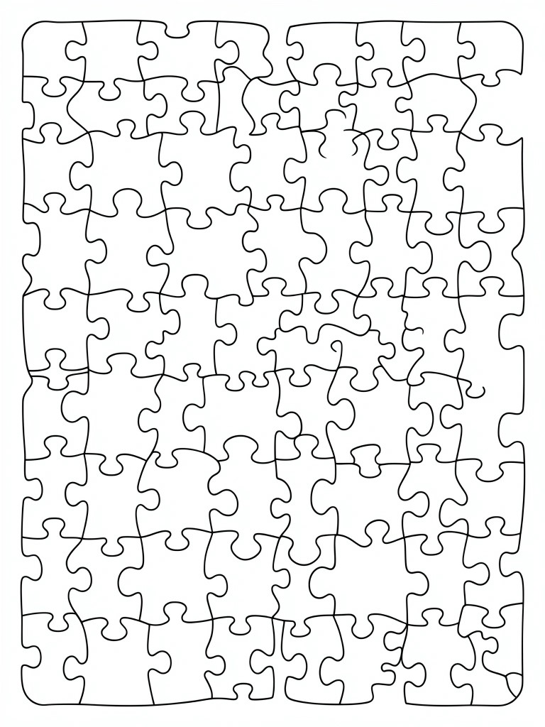 Blank coloring page of a rectangular grid formed by outlined interlocking jigsaw puzzle pieces.