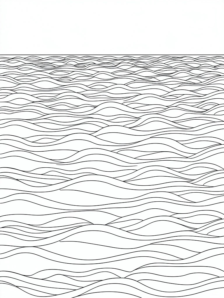 Black line art coloring page of overlapping horizontal wavy lines forming stacked ocean waves.