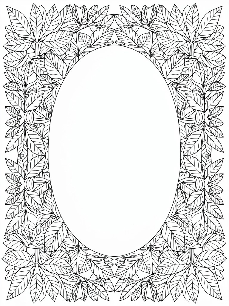 Line art of an oval blank space framed by dense, overlapping leaf patterns.