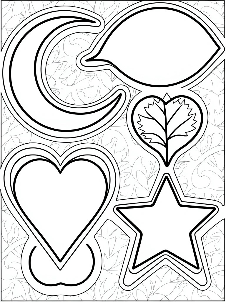 Coloring page featuring outlined stencil shapes of a crescent moon, speech bubble, heart with leaf, leaf, star, and rounded bottoms on a vine and leaf pattern background.
