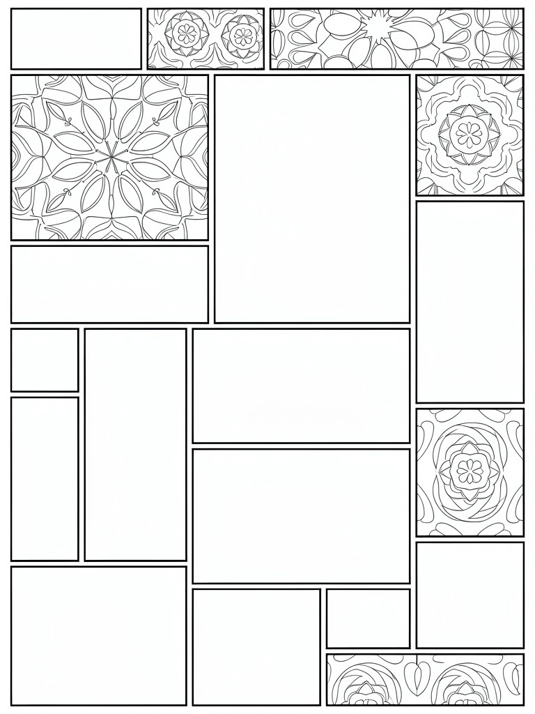 Coloring page showing an asymmetrical grid of panels with some intricate floral mandala patterns and others left blank.