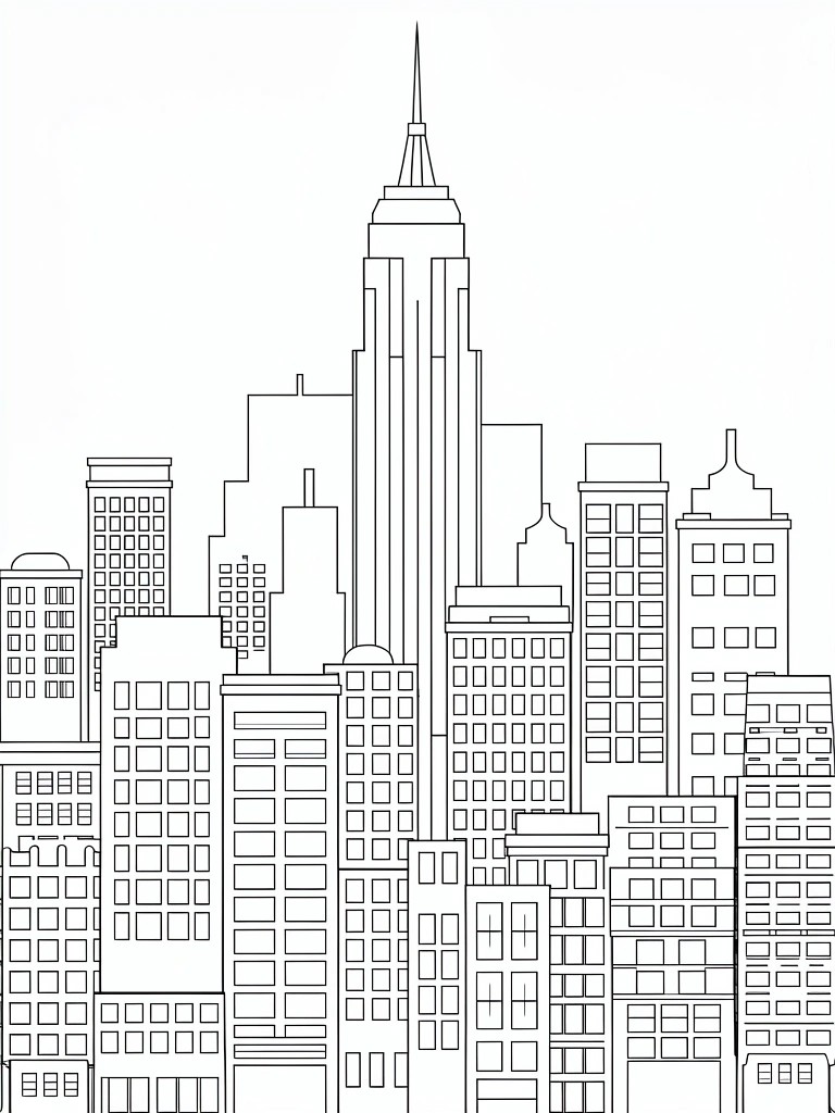 Black and white outline of New York City skyline with Empire State Building at center surrounded by other skyscrapers.