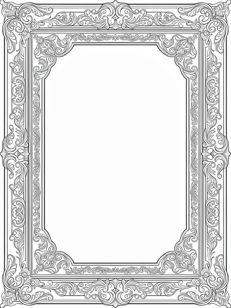 Line art of a rectangular ornate frame with intricate swirling baroque patterns bordering empty white space.