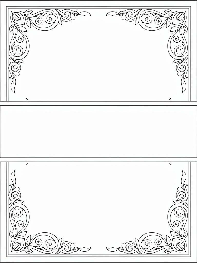 Black line art coloring page showing a rectangular frame with intricate swirling corner borders and a blank horizontal center banner.