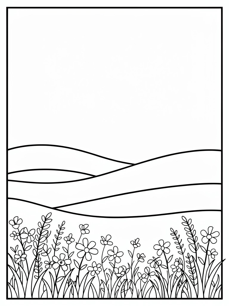 Line drawing of rolling hills behind a field of flowers and grasses in a framed rectangular format.