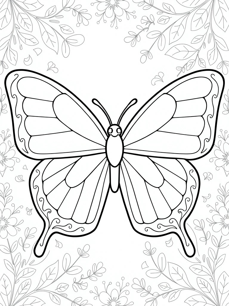 Black line drawing of a central butterfly surrounded by flowers, leaves, and vines.