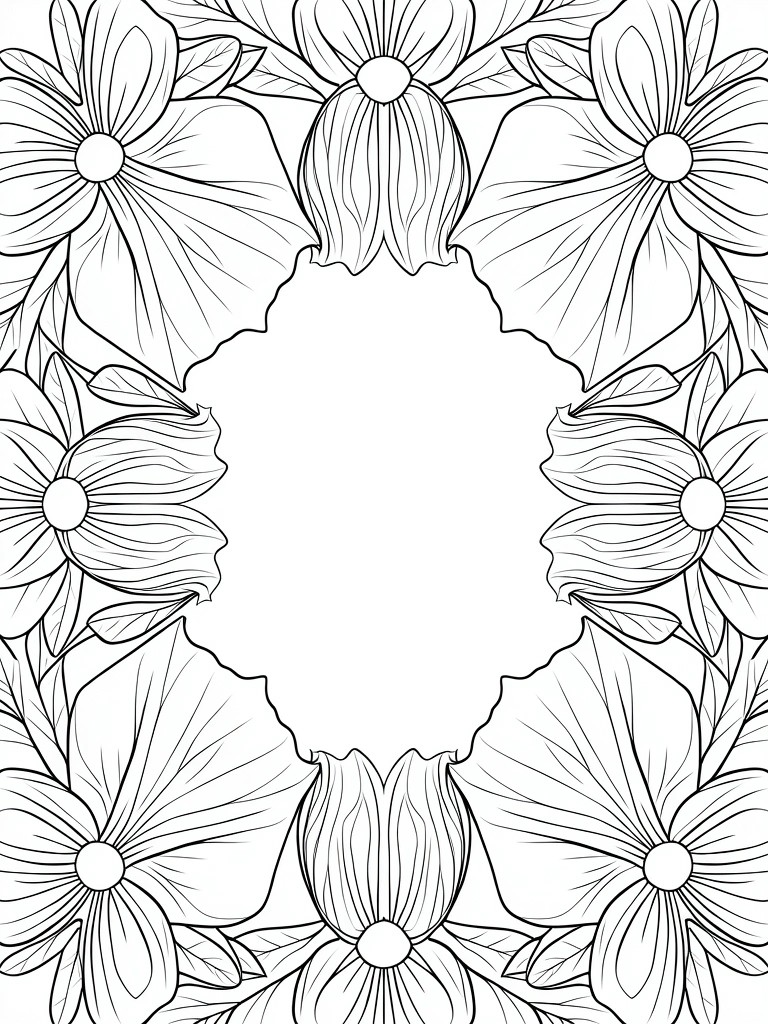 Black line art coloring page featuring eight symmetrical flowers forming a decorative frame around a blank central space.