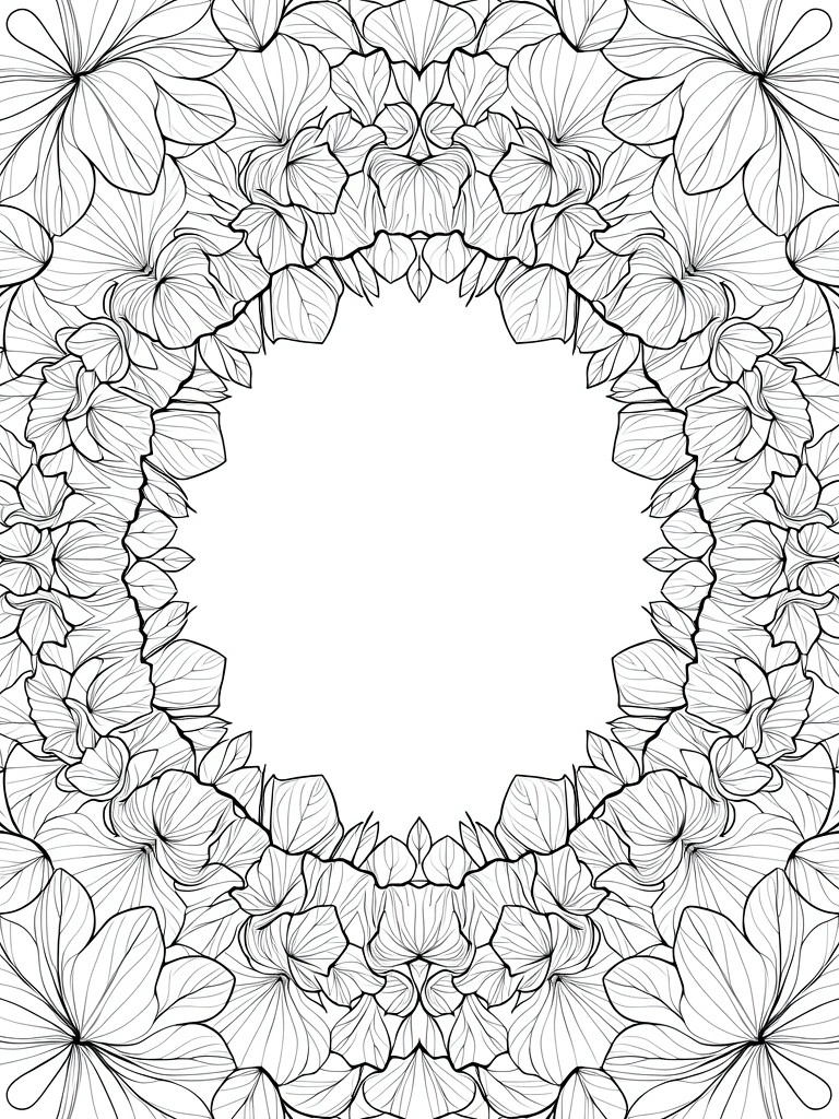 Black line art coloring page of a detailed symmetrical floral wreath forming a circular frame with an empty center.