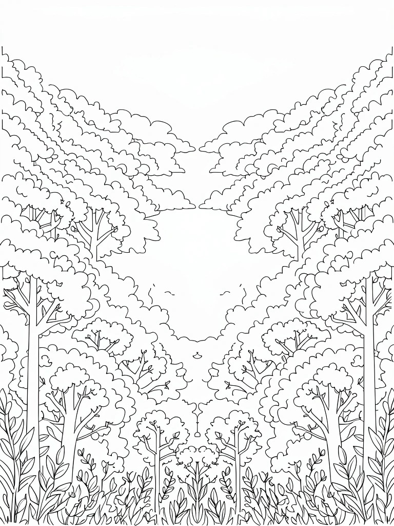 Symmetrical black line drawing of trees framing a central forest path, with clouds above and plants below.