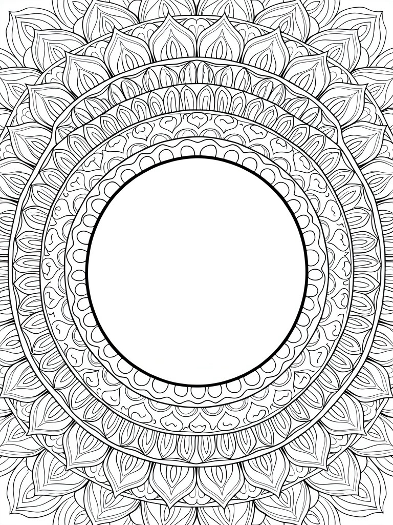 Black line art mandala with large blank circle at center and intricate symmetrical floral and geometric patterns surrounding it.