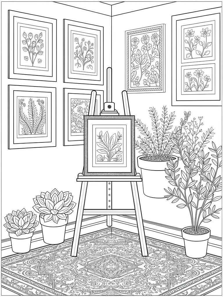Line art coloring page of a room corner with framed botanical prints on walls, central easel with plant painting, potted plants, and patterned rug.