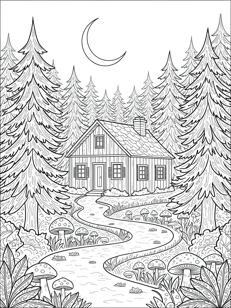 Line drawing of a wooden cabin in a pine forest at night, with a crescent moon, winding mushroom-lined path, and surrounding ferns and trees.