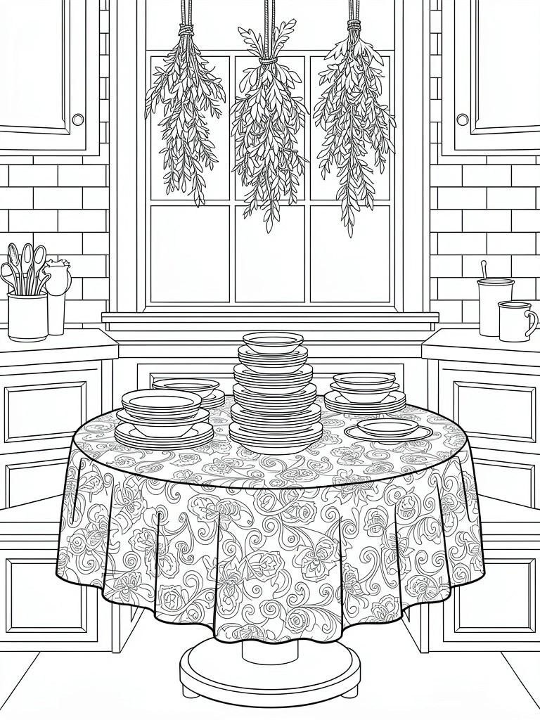 Line drawing of a kitchen scene with a central round table holding stacked plates and bowls on a patterned cloth, cabinets, hanging herbs, and tiled walls.
