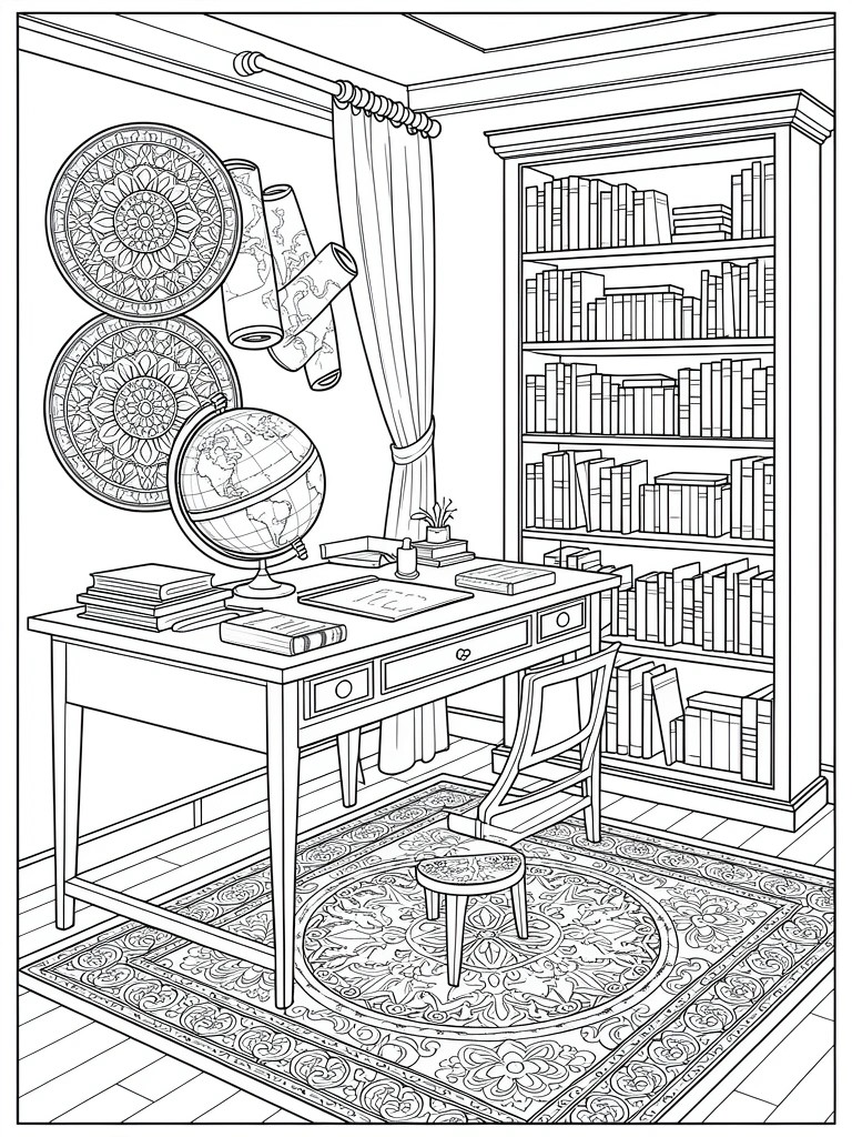 Line art coloring page of a detailed interior room corner featuring a desk, bookshelves, globe, mandala wall decor, curtains, rug, and chair.