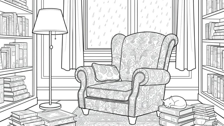 Line drawing of a book-filled room with armchair, sleeping cat on rug, lamp, rainy window, and patterned wallpaper.