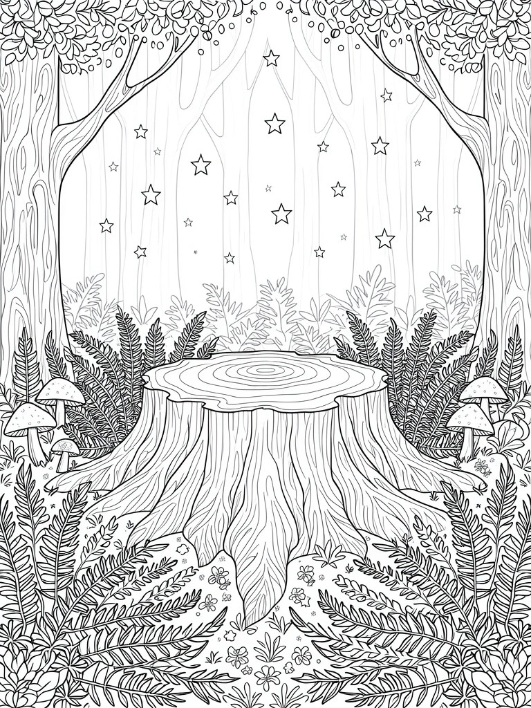 Black and white line art of a tree stump surrounded by ferns and mushrooms, framed by trees with dangling stars and vines.