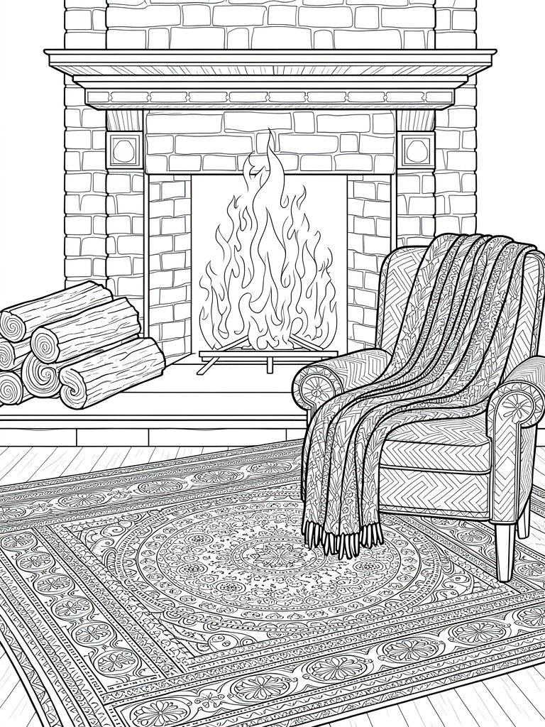 Line art coloring page of a brick fireplace with flames, stacked logs, armchair with draped blanket, and ornate rug on wood floor.