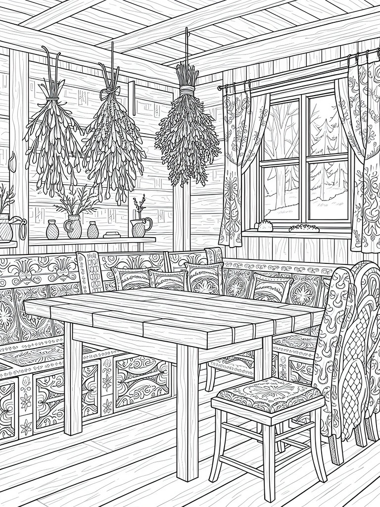 Detailed line art of a wooden cabin interior with patterned benches around a table, hanging herb bundles, shelves, and a window to snowy woods.