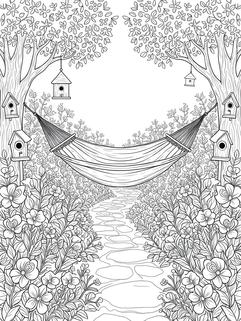 Line drawing of a hammock between trees with birdhouses and a flower-lined path.
