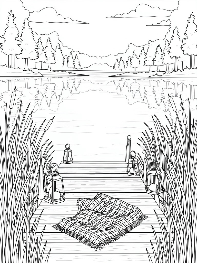 Line drawing of a dock with picnic blanket in a lake, framed by reeds, lanterns on posts, trees, clouds, and water reflections.