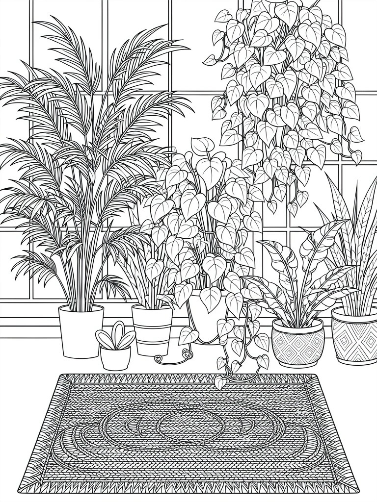 Line drawing of potted palms, vines, ferns, and other houseplants clustered by a large window with a patterned rug on the floor.