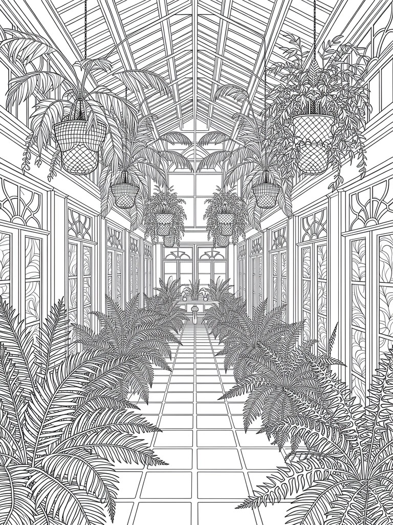 Line drawing of a long conservatory hallway with ferns, palms, hanging plants, glass roof, arched doorways, and tiled path.