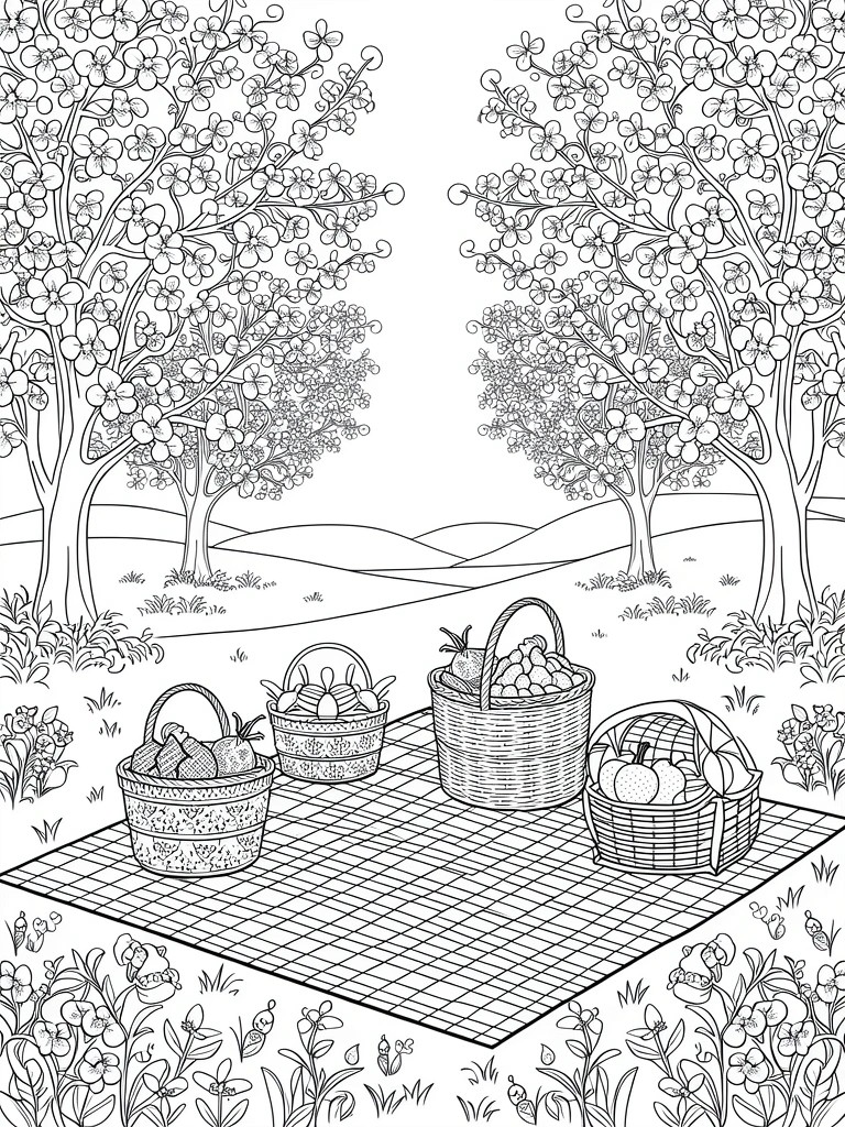 Line drawing of apple trees framing a picnic blanket with four fruit baskets and surrounding grass and hills.