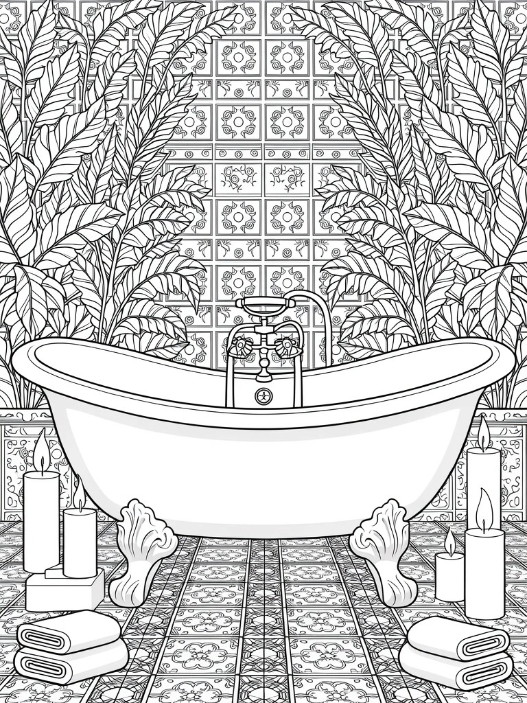 Line art coloring page featuring a clawfoot bathtub centered in a tiled bathroom with palm leaves, candles, towels, and patterned floors.