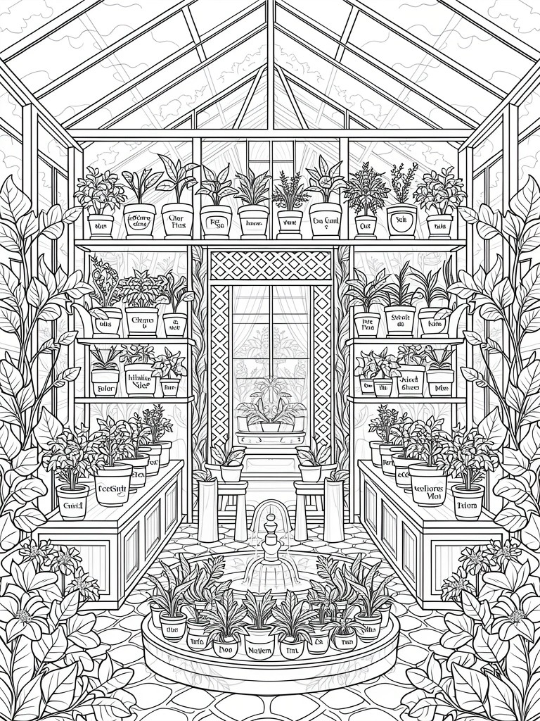 Line art coloring page of a glass greenhouse interior with potted plants on shelves around a central fountain and statue.