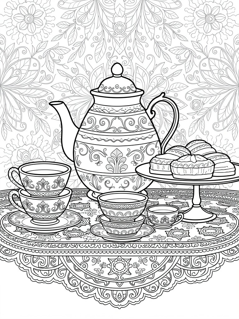 Line art of a central ornate teapot surrounded by teacups, saucers, and tiered pastries on a patterned tray with floral background designs.
