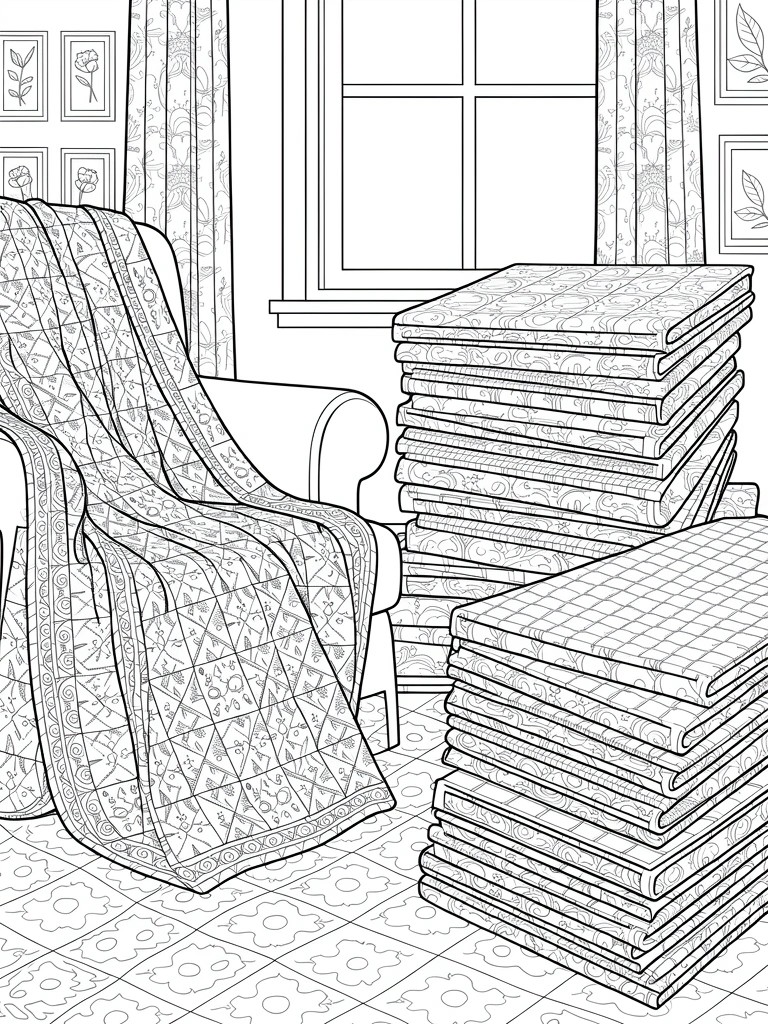 Line art coloring page of a room corner featuring an armchair with draped quilt, stacks of folded quilts nearby, curtained window, wall art, and patterned floor.