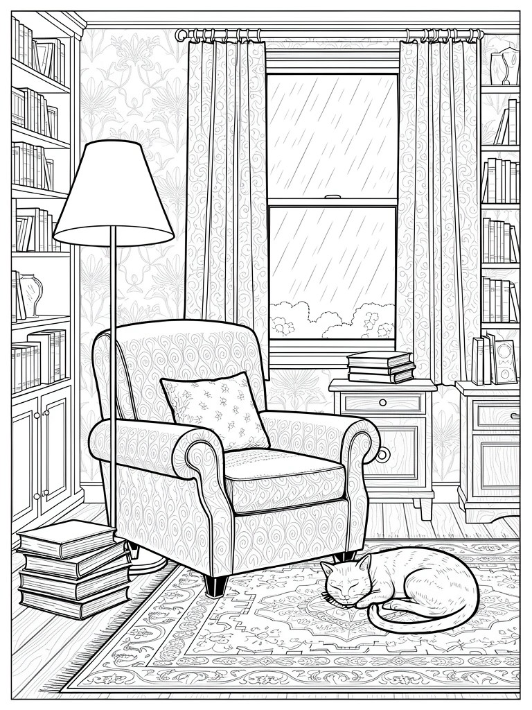 Line drawing of a book-filled room with armchair, sleeping cat on rug, lamp, rainy window, and patterned wallpaper.