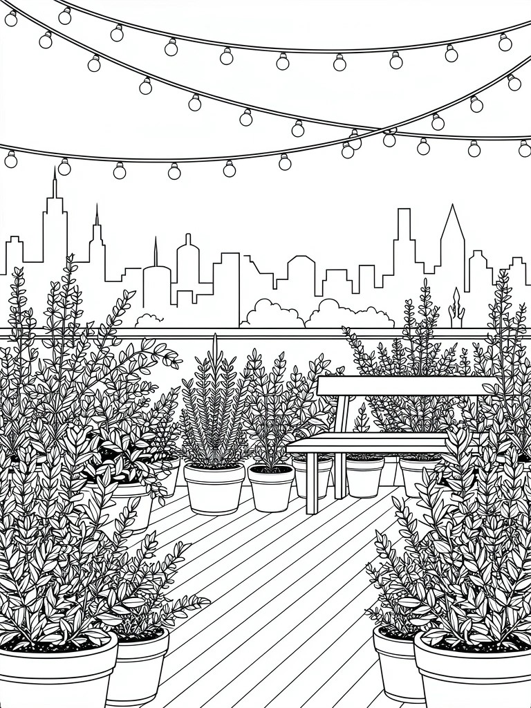 Line drawing of rooftop terrace with potted plants framing a bench, string lights above, wooden deck, and city skyline background.